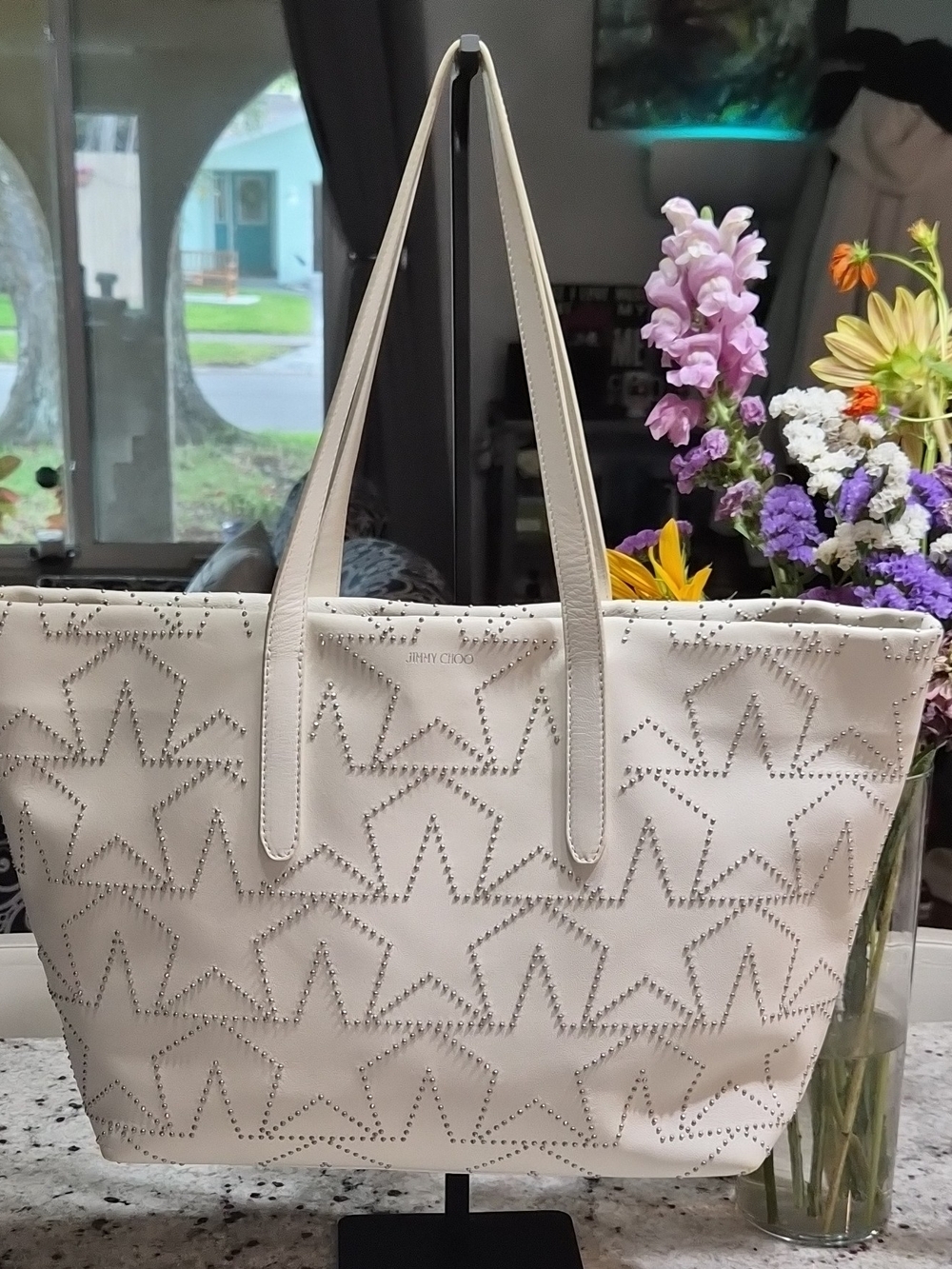 Authentic Jimmy Choo Sofia Small White Leather Star Studded Tote Bag Luxury